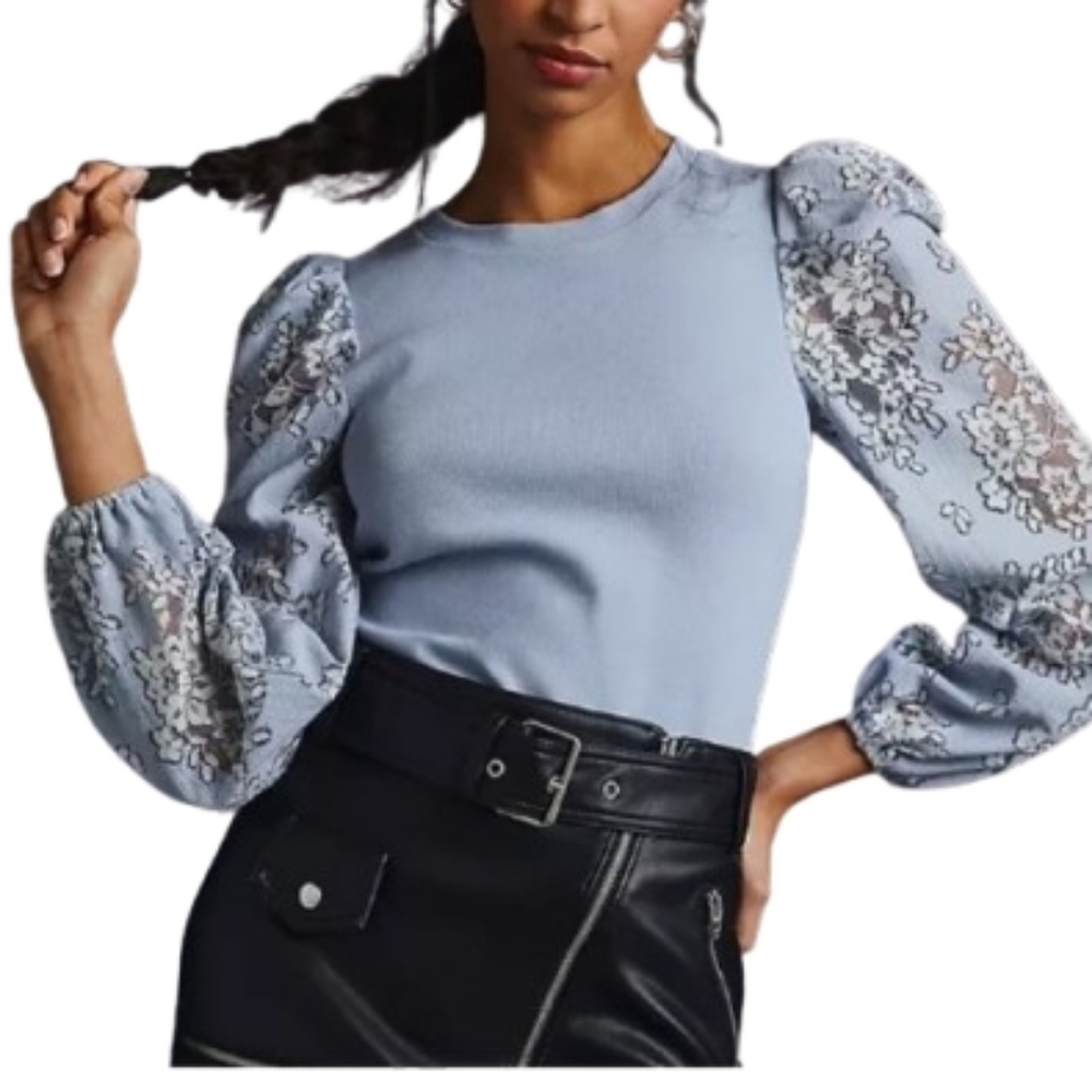 Anthropologie DOLAN Lace Puff-Sleeve Top Blue Size XXS Petite Original Price $59